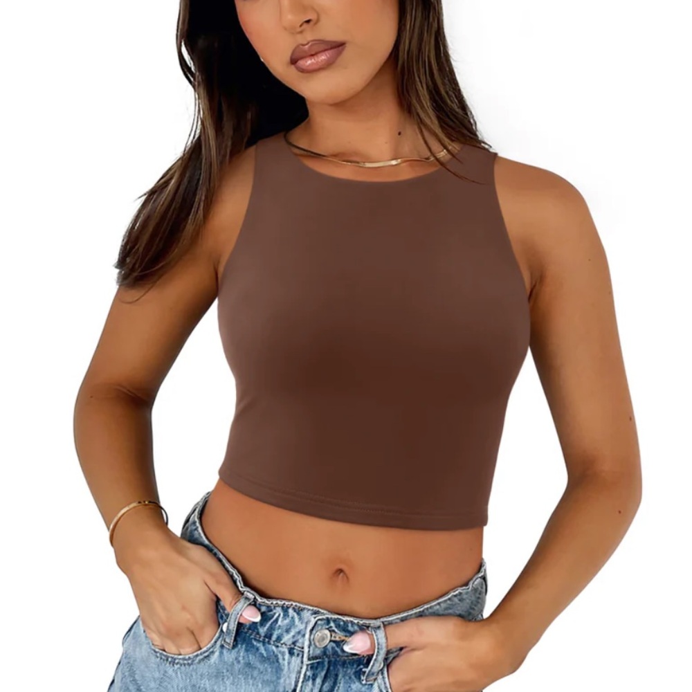 ReoRia Sleeveless Halter Neck Tank Crop Tops coffee color 7